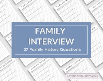 Peut inclure: Plusieurs feuilles de papier ligné blanc avec les mots "Family Interview" et "27 Family History Questions" imprimés sur un fond bleu. La phrase "Instant Digital Download" est également visible. Les feuilles sont disposées sur une surface blanche.