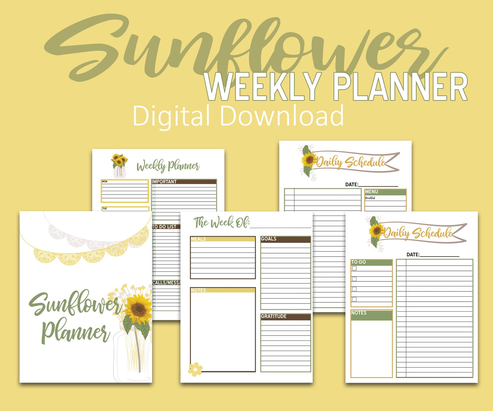 Sunflower Planner Printable Planner Daily Planner Week on 2 Pages