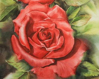 赤いバラのオリジナル水彩画、バラの壁掛けアート、花の静物画、夏の花