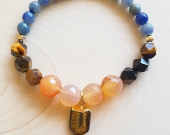 Handmade gemstone beaded bracelet with Orange Agate, Tigers Eye, Blue Aventurine and Tigers Eye charm