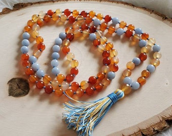 Handgefertigte und von Hand geknotete Mala Halskette für Meditation oder Mode mit Achat Guru Perle, handgemachte Quaste und Edelstein Perlen