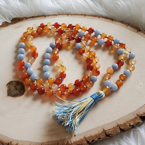 Handmade and hand knotted Mala necklace for meditation or fashion with Agate guru bead, handmade tassel and gemstone beads
