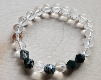 Handgemaakte edelsteen beaded armband met Moss Agate en Clear Quartz. Helende armband.