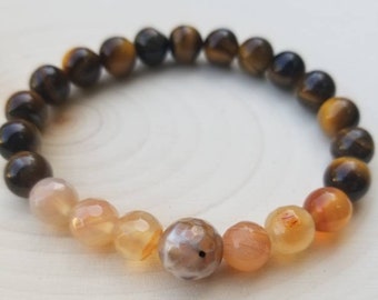 Handgemaakte edelsteen kralen armband met tijgers oog, oranje Agaat en grijze Agaat