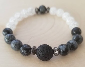 Handgemachte Edelstein Perlen Armband mit Crackle Quarz, Schneeflocke Jaspis und ein Lava-Stein für Aromatherapie