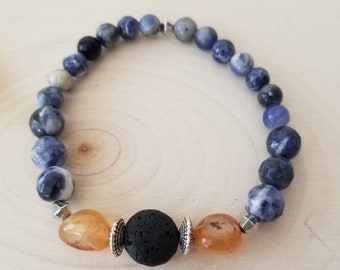 Handgemaakte edelsteen kralen aromatherapie armband met sodaliet, Carneool en lava steen.