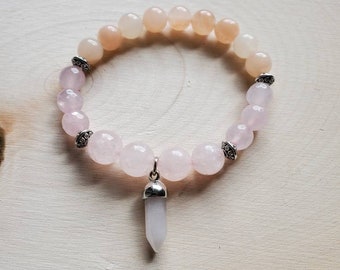 Handmade gemstone beaded bracelet with Rose Quartz, Pink Opal and a Rose Quartz charm. Heart chakra bracelet. Healing bracelet.