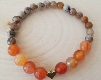 Handgemaakte edelsteen kralen armband met oranje en grijze Agaat