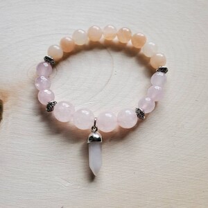 Handmade gemstone beaded bracelet with Rose Quartz, Pink Opal and a Rose Quartz charm. Heart chakra bracelet. Healing bracelet.