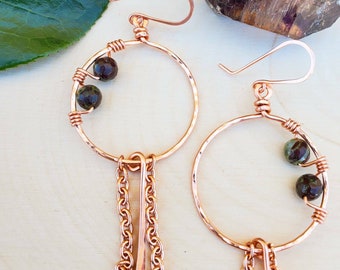 Handmade and hand hammered/textured copper hoop earrings with wire wrapped Jasper