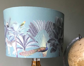 Darwin's Menagerie Green Drum Lamp Shade | Zebra, Leopard, Peacock Scene Lampshade | By Mustard and Gray