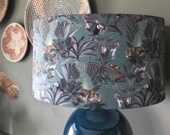 Darwin's Menagerie Green Pattern Drum Lamp Shade | Zebra, Leopard, Peacock Lampshade | By Mustard and Gray