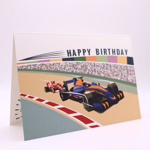 carte d'anniversaire de course automobile | d'anniversaire de voiture de course | de voeux de voiture | à partir de moutarde et de gris