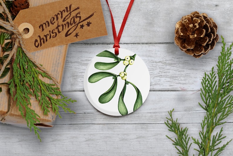Hand Printed in Shropshire Ceramic Christmas Tree Ornament Mistletoe Christmas Decoration