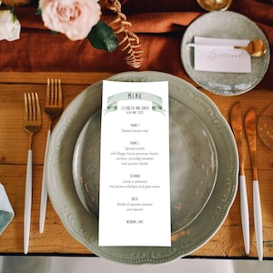 Carte illustrée de menu de mariage | Invitations personnalisées | Illustrations architecturales aquarelles à partir de moutarde et de gris
