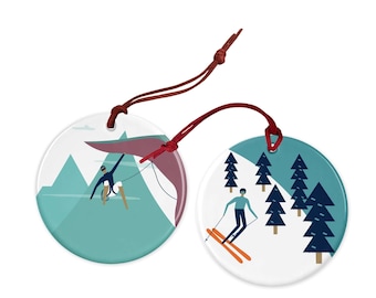 Mounatins are Calling Christmas Decorations | Snow Skiing, Snow Boarding, Rock Climbing Ceramic Tree Ornament | Mustard and Gray