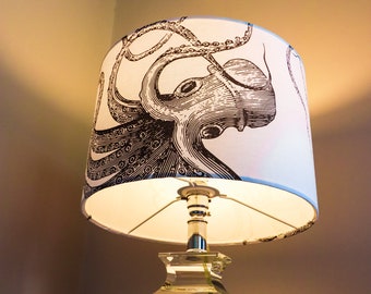 Kraken Drum Lamp Shade | Kraken Lampshade | Octopus Squid Lampshade | Black and White | 20, 30 & 45cm Diameter | By Mustard and Gray