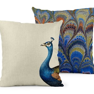 Peacock Marbled Cushion | Marbled Paper Patter | Peacock Cushion | Decorative Throw Pillow | Mustard and Gray