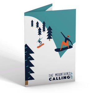 The Mountains are Calling "Snowboarding" Greetings Card | Laid Greeting Card | Mustard and Gray