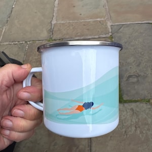 Wild Swimming Enamel Camping Mug – Cold Water Swim Gift | Swimmer Illustration | Outdoor Adventure Coffee Cup