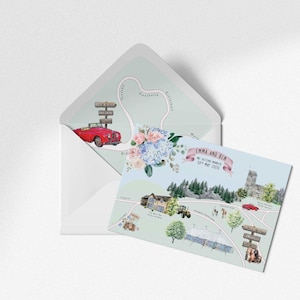 May include: A wedding invitation with a map illustration of the ceremony and reception locations. The map features a red car, a church, a tent, and a house. The text on the invitation reads "Emma and Ben Are Getting Married 30th May 2020".