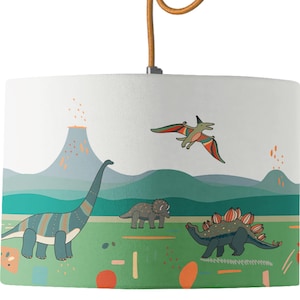 Dinosaur Drum Lamp Shade | Children's Dinosaur Lampshade | Dinosaurs and Volcano | By Mustard and Gray