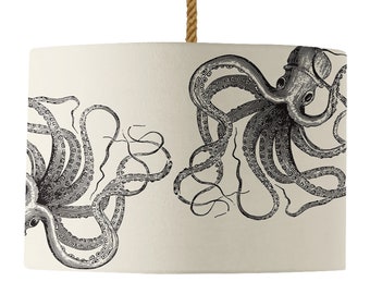 Kraken Trommel-Lampenschirm | Kraken Lampenschirm | Octopus Squid Lampenschirm | Schwarz und Off White | 20, 30 & 45cm Durchmesser | Von Senf und Grau