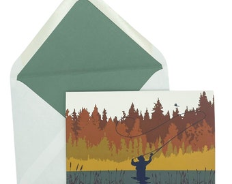 Autumn Fly Fishing Greetings Card | A6 Laid Fishing Birthday Card with Green Lined Envelope | Blank Message | From Mustard and Gray