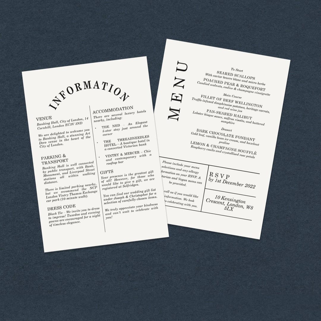 Gatsby Wedding Information Card Art Deco 1920s Black Tie Suite Elegant ...