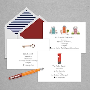 Cartes illustrées de changement d'adresse | Choisissez parmi une boîte à piliers rouge, une clé vintage ou des portes colorées