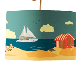 Charlie's Coast Drum Lamp Shade | Coastal Seaside Lampshade with Lighthouse and Beach Huts | 20, 30 & 45cm Diameter | By Mustard and Gray