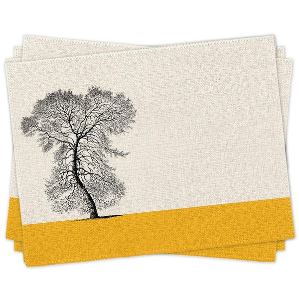 Condover Headlands Oilseed Placemats  | Linen Style Fabric Tree Placemats | Easy care Fabric | Mustard and Gray