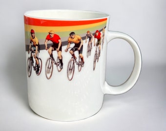 Cameron Vintage Cycling Mug | Cyclists Mug | Hand-printed Bikes and Stripes Mug | Bike coffee mug | Cyclist Gift | From Mustard & Gray