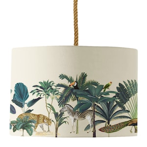 Darwin's Menagerie Ecru Drum Lamp Shade | Zebra, Leopard, Peacock Scene Lampshade | By Mustard and Gray