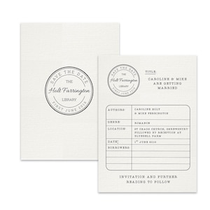 Berrington Book Club Save the Date | Flat Card | Library Card Design | Luxury Wedding Stationery from Mustard and Gray