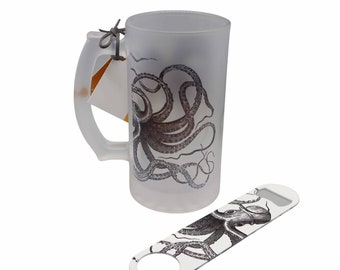 Kraken Beer Stein and Bottle Opener | Stainless Steel Bar Blade | Mustard and Gray