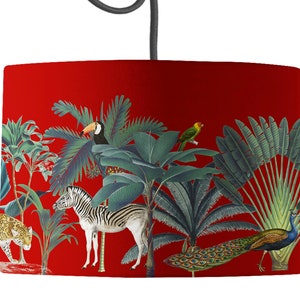 Darwin's Menagerie Red Drum Lamp Shade | Zebra, Leopard, Peacock Scene Lampshade | By Mustard and Gray