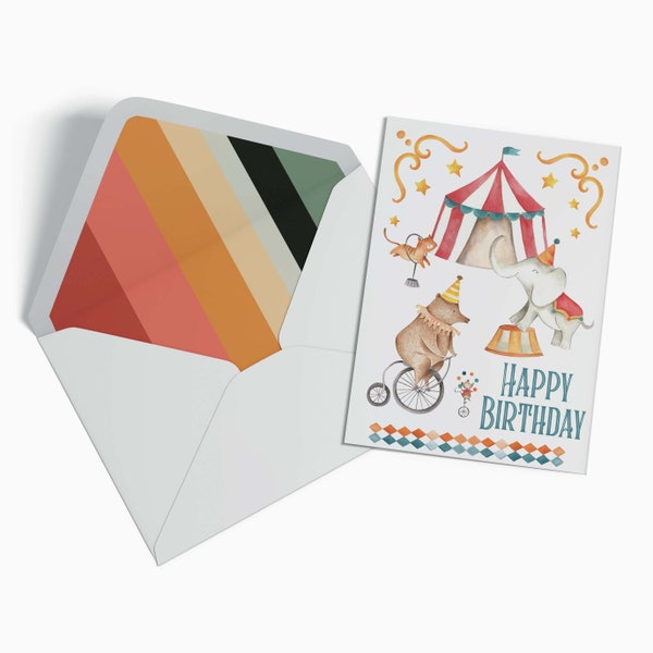 Carte d'anniversaire cirque Le Cirque Magnifique | Carte d'anniversaire pour enfants | Carte de voeux avec enveloppes doublées | Moutarde et gris