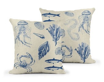 Antiquarian Sealife Cushion | Coastal Cushion | Coastal Interiors | Decorative Throw Pillow | Mustard and Gray