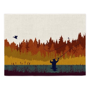 Autumn Fly Fishing Placemats  | Linen Style Fabric Placemats | Easy care Fabric | Mustard and Gray