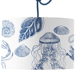 Antiquarian Sealife Drum Lamp Shade | Coastal Lampshade in blue and white | 20, 30 & 45cm Diameter | By Mustard and Gray
