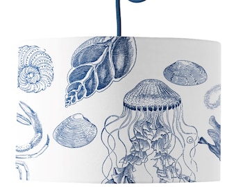 Antiquarian Sealife Lampshade: Coastal Blue and White Drum Shade