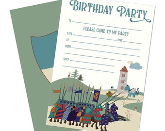 Invite guests to an epic Medieval Fantasy Knights & Dragons birthday party with fairytale castle-themed invitations perfect for kids!