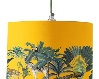 Darwin's Menagerie Yellow Drum Lamp Shade | Zebra, Leopard, Peacock Scene Lampshade | By Mustard and Gray