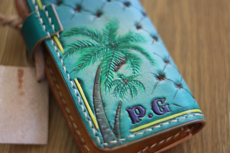 palm tree tooled leather turtle Personalised phone wallet Universal phone case