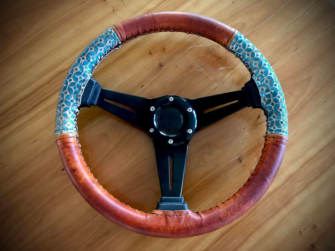 Boho Dual Tone Leather Steering Wheel Cover, Leather Wheel Skin, Hand Tooled Leather Wheel Cover