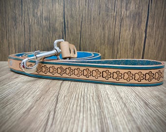 ターコイズ宝石付きレザー犬用首輪とリードセット、お揃いの首輪と