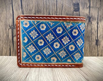 Nature themed tooled leather wallet, turquoise custom leather bi fold wallet