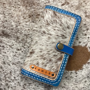 Funda de teléfono de piel de vaca, pelo sobre piel, billetera para teléfono, funda universal para teléfono, pelo sobre cuero, doble costura