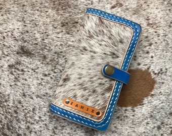 Cowhide Phone case, Hair on hide, phone wallet, Universal phone case, hair on leather, double stitch